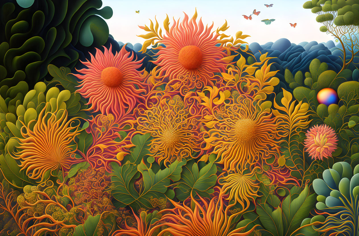 Colorful botanical landscape with sun-like flowers and butterflies