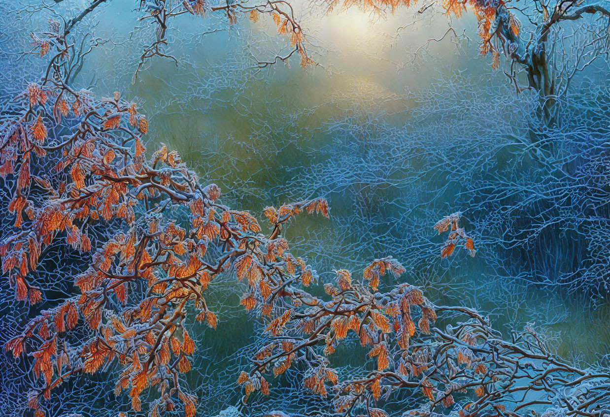 Winter sunrise: Frost-covered branches and orange leaves with bare tree silhouettes