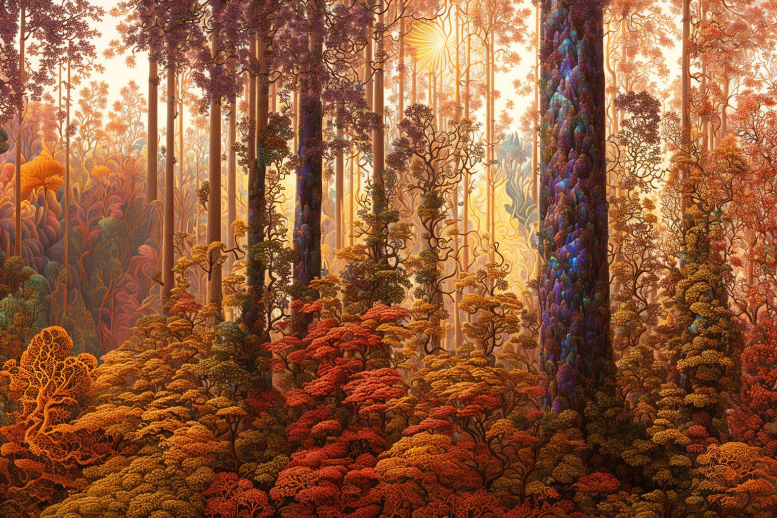 Colorful Fantasy Forest with Iridescent Trees under Sunlight