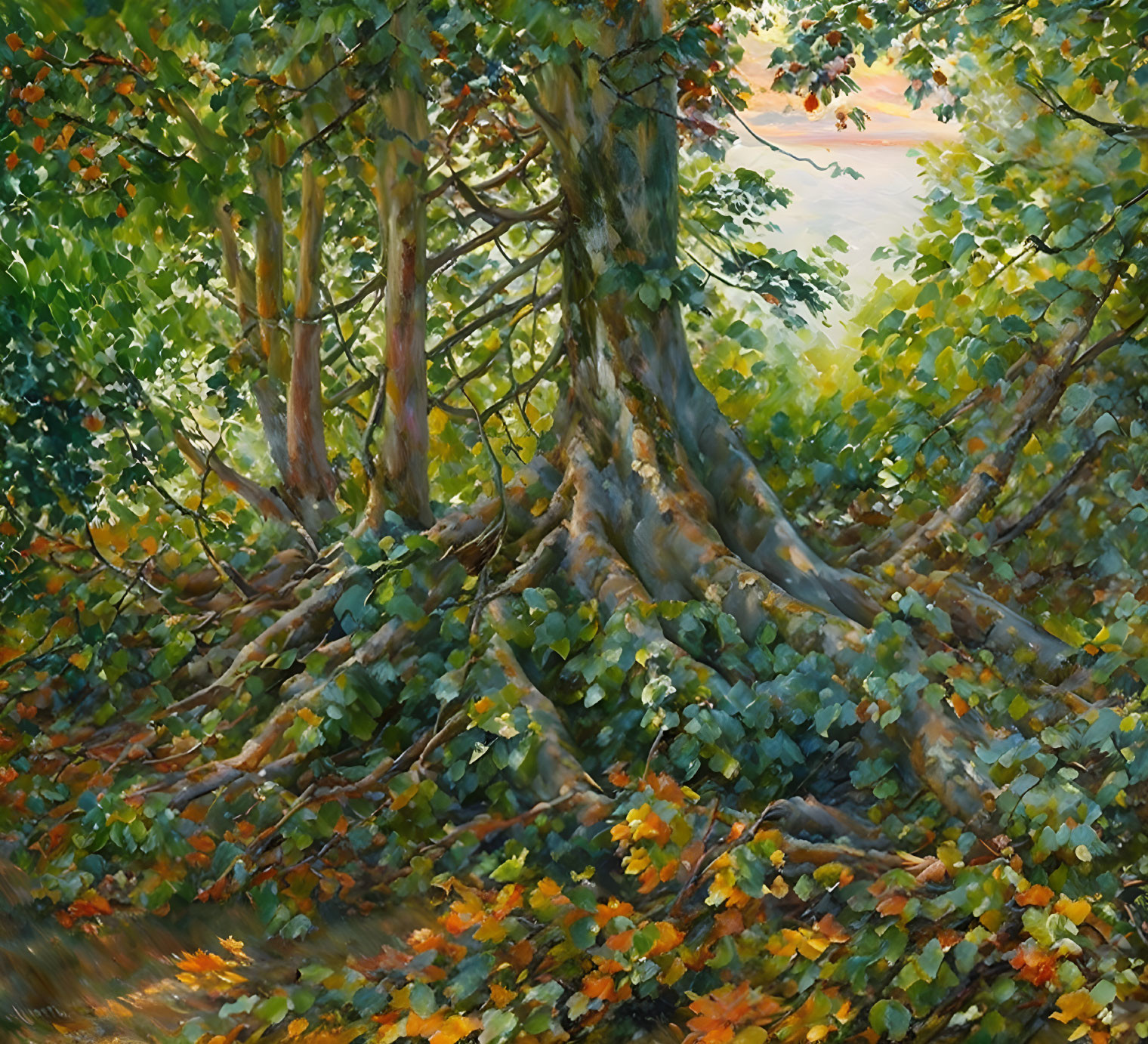 Sunlit forest scene with lush green trees and autumn leaves