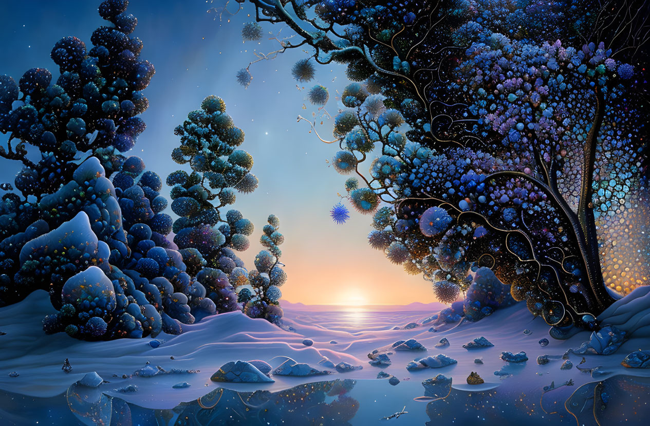 Winter landscape with glowing orbs on icy trees at sunset