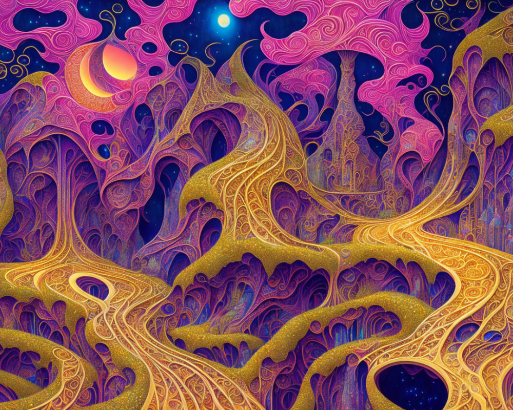 Colorful Psychedelic Landscape with Swirling Patterns in Purple, Gold, and Pink