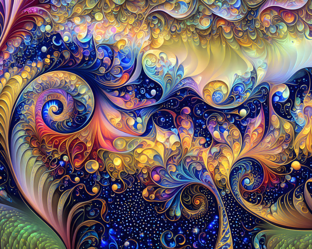 Abstract digital artwork: Swirling patterns in blues, oranges, and purples