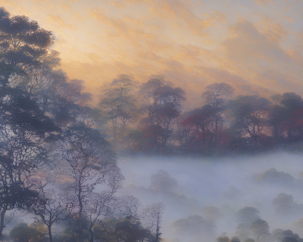 Silhouettes of Trees in Misty Forest at Sunrise