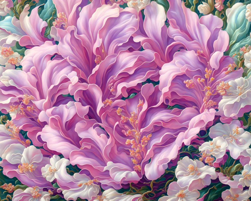 Detailed Painting: Large Purple Peony Surrounded by White Flowers on Teal Background