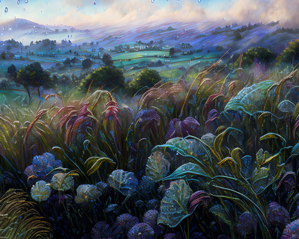 Detailed painting of lush field with colorful plants and rolling hills under dawn/dusk sky