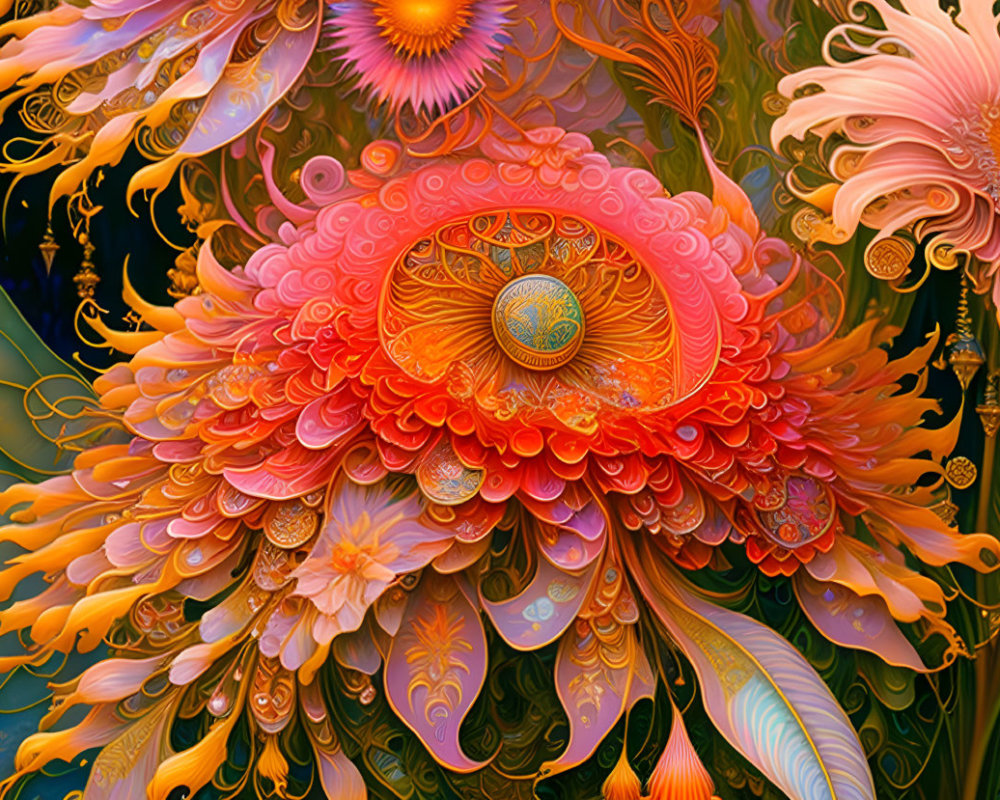 Colorful Floral-Like Fractal Patterns in Orange, Red, and Yellow