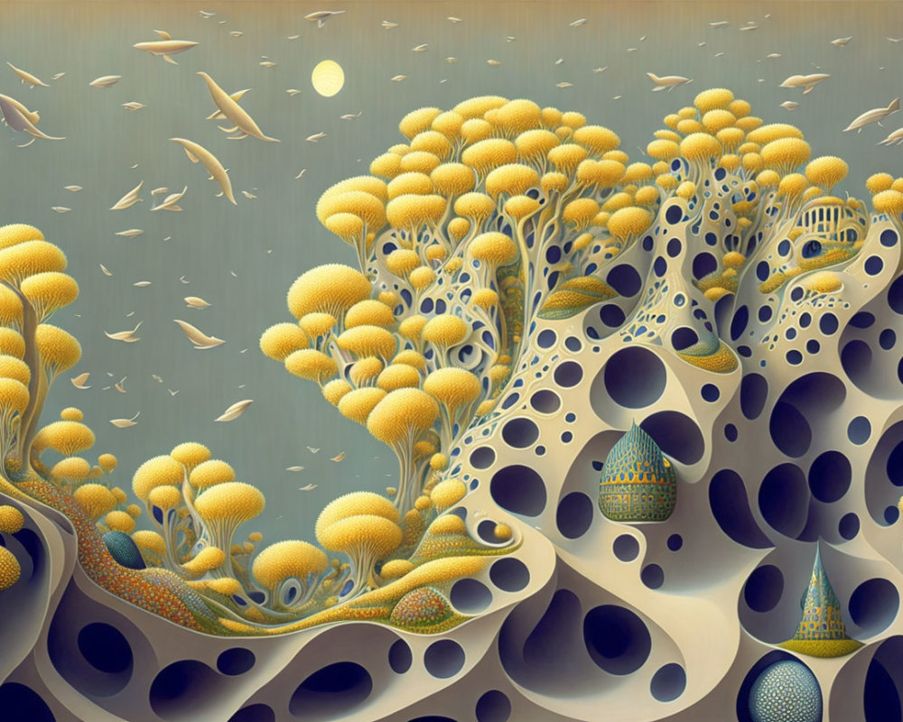 Stylized surreal landscape with yellow tree-like forms and fish-like elements in muted tones