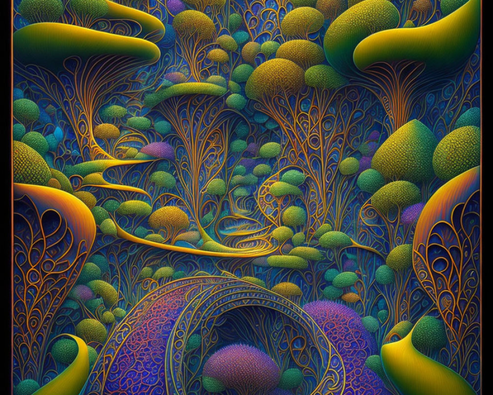 Intricate fractal artwork of forest with mushroom-like trees