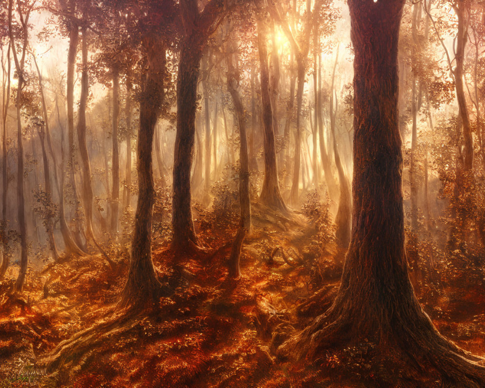 Sunlit forest with tall trees and golden-brown leaf-covered floor