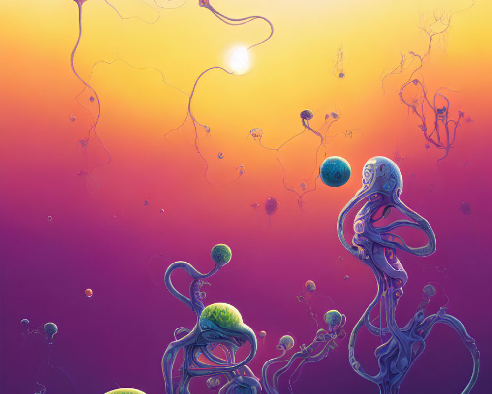 Surreal landscape with floating orbs and alien-like organisms