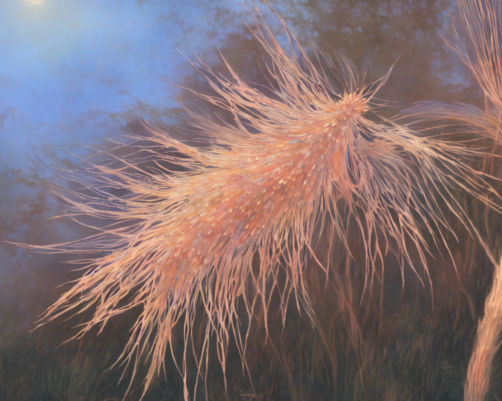 Dew-speckled pampas grass plume in warm sunlight