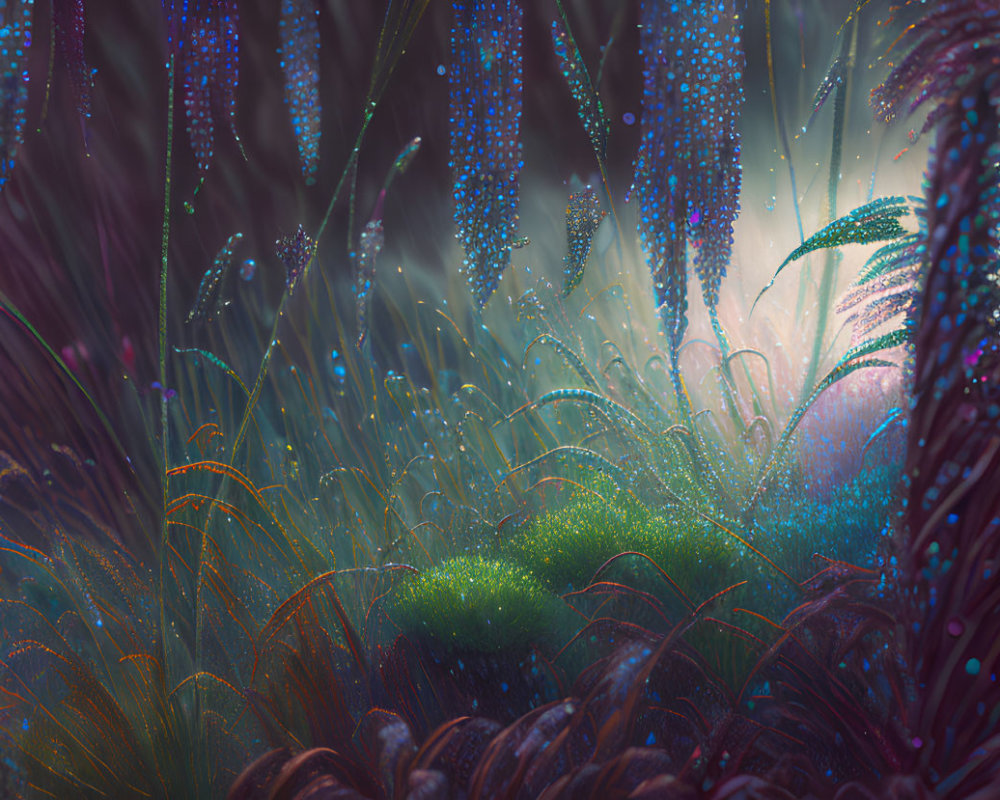 Enchanting forest scene with sparkling plants and magical colors