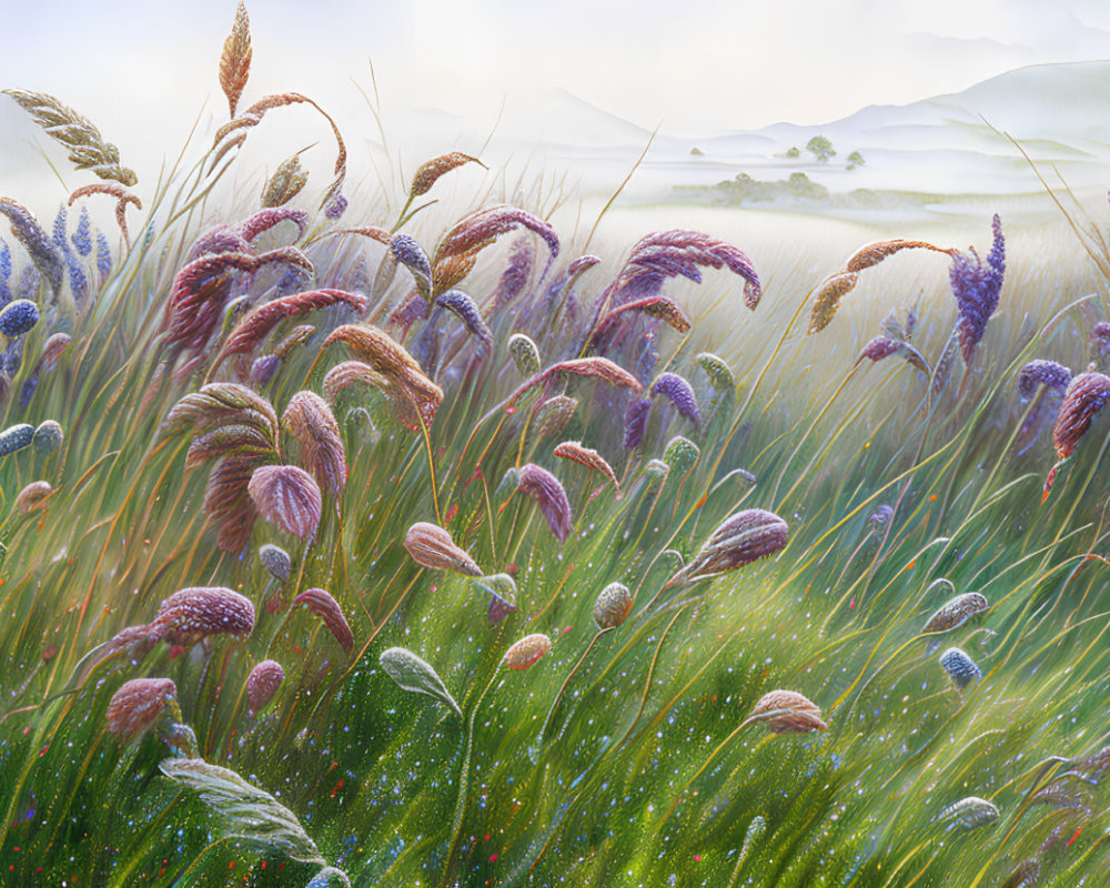 Tranquil meadow with dew-covered grasses and wildflowers overlooking misty hills