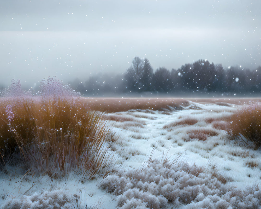 Tranquil winter landscape with frosted plants and snowy path