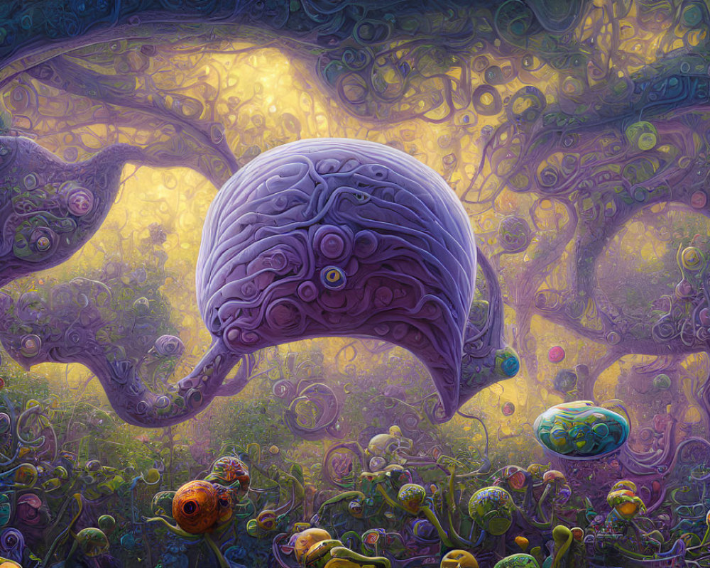 Colorful surreal landscape with brain-like creature and swirling patterns