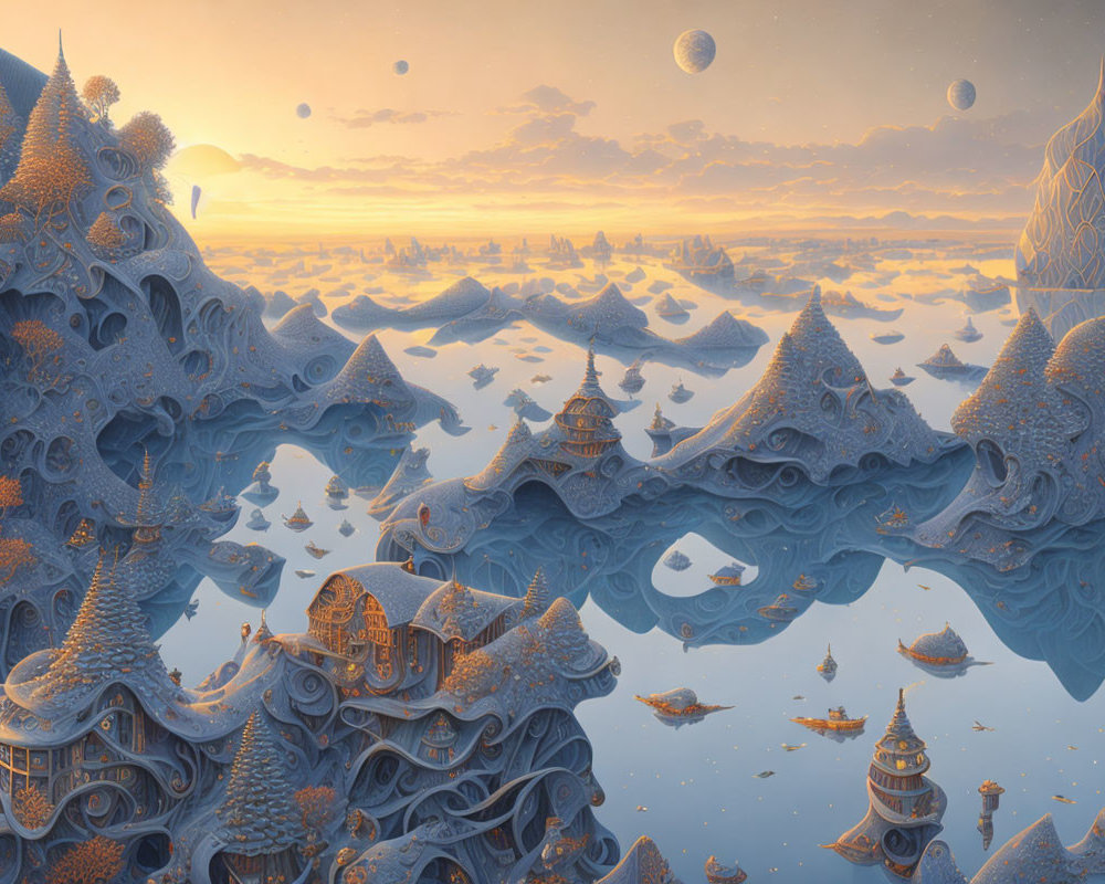 Fantastical landscape with blue coral-like structures and airships in golden sky