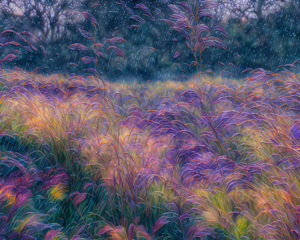 Twilight landscape with purple and yellow grasses and falling snowflakes