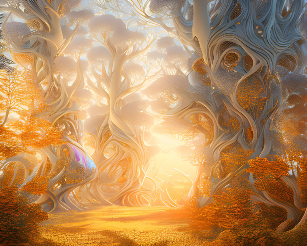 Surreal Enchanted Forest with Swirling Trees in Golden Sunlight