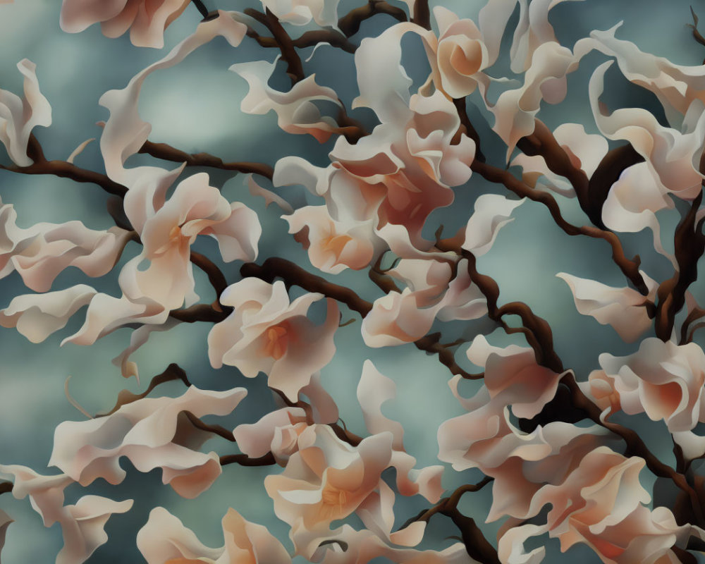 Delicate Pale Pink Blossoms on Twisting Dark Branches in Soft Blue Background