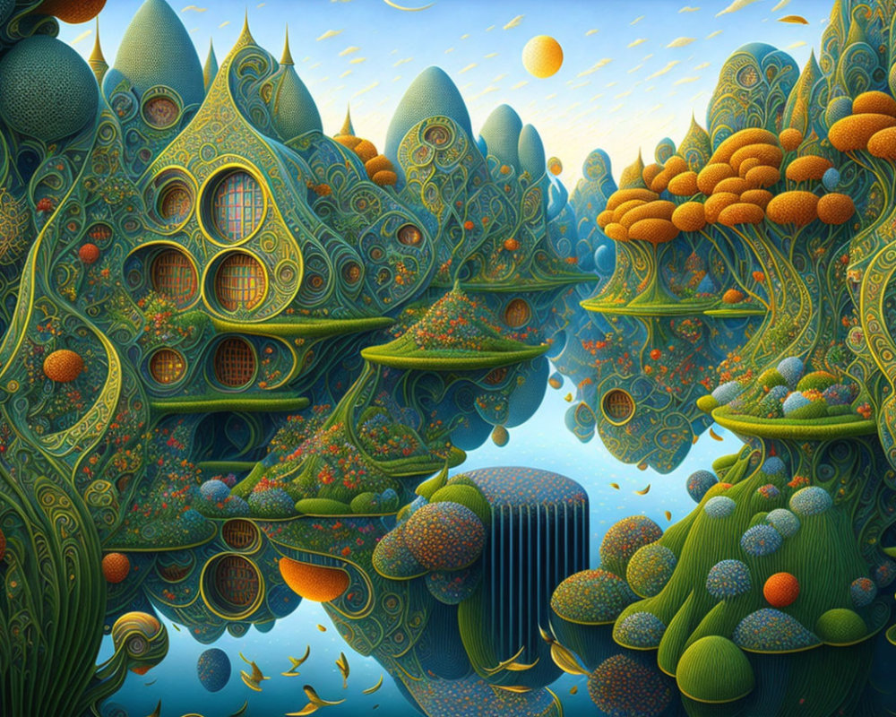 Ornate tree-like structures in surreal landscape with circular windows