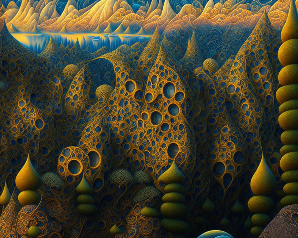 Colorful Fractal Landscape with Blue and Orange Organic Shapes