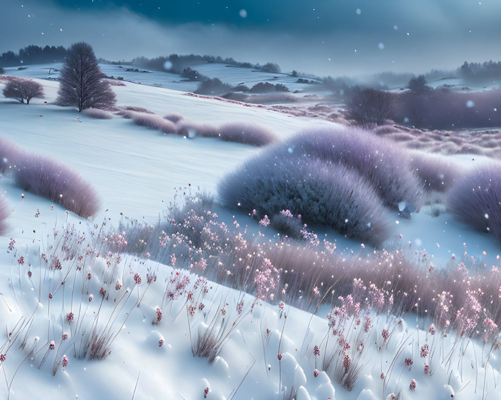 Twilight snow-covered landscape with purple plants and falling snowflakes