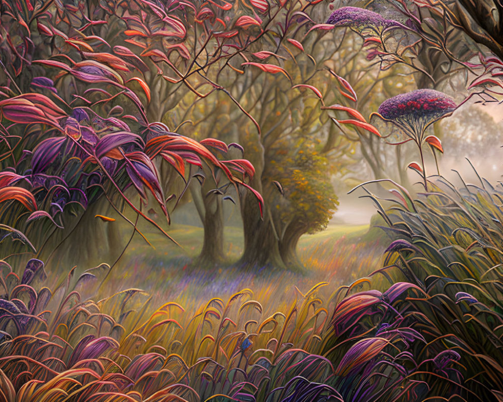 Vibrant colorful foliage in mystical forest with soft mist