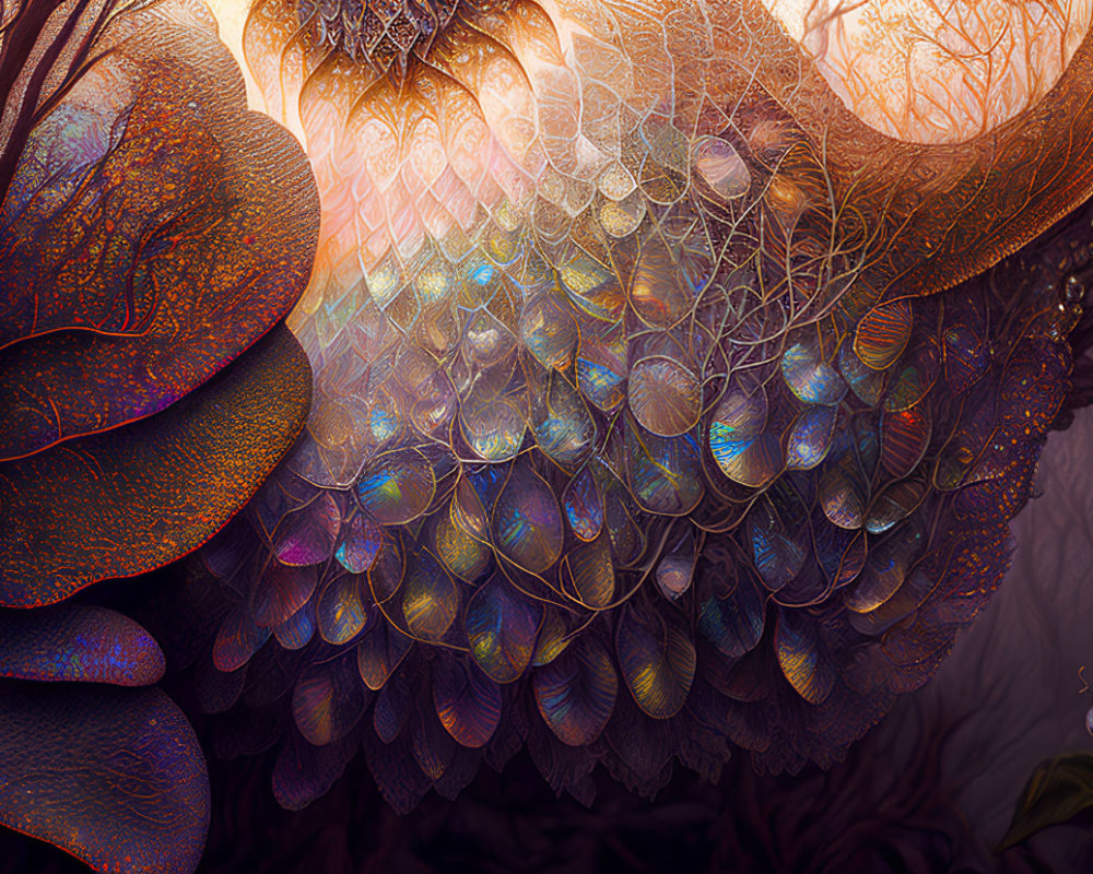 Vibrant iridescent scale-like structures with colorful flora and butterfly