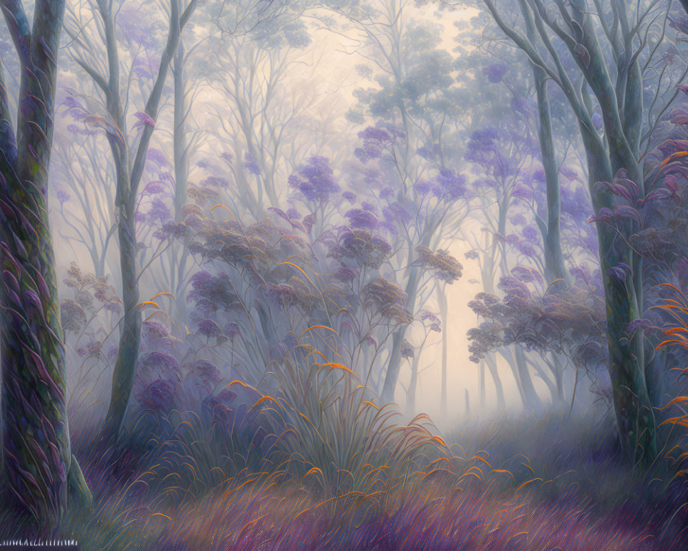 Mystical forest with tall trees, blooming flowers, and purple hues