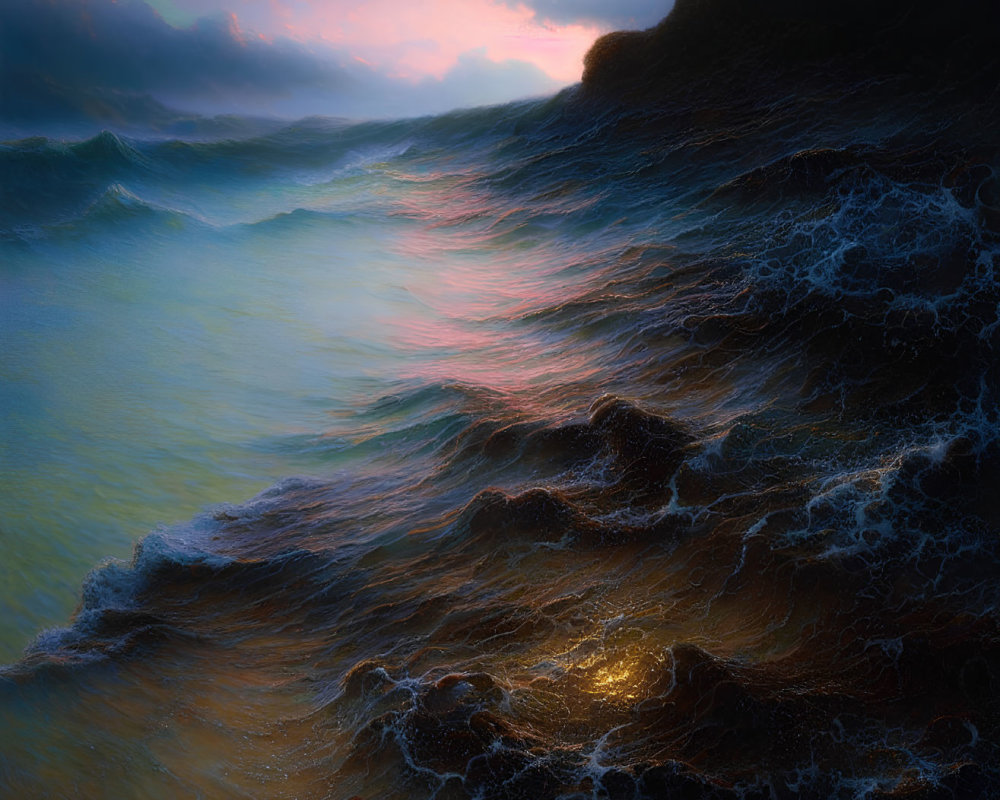 Dramatic coastal scene: turbulent waves, rocky shore, vivid sunrise, pastel-colored clouds