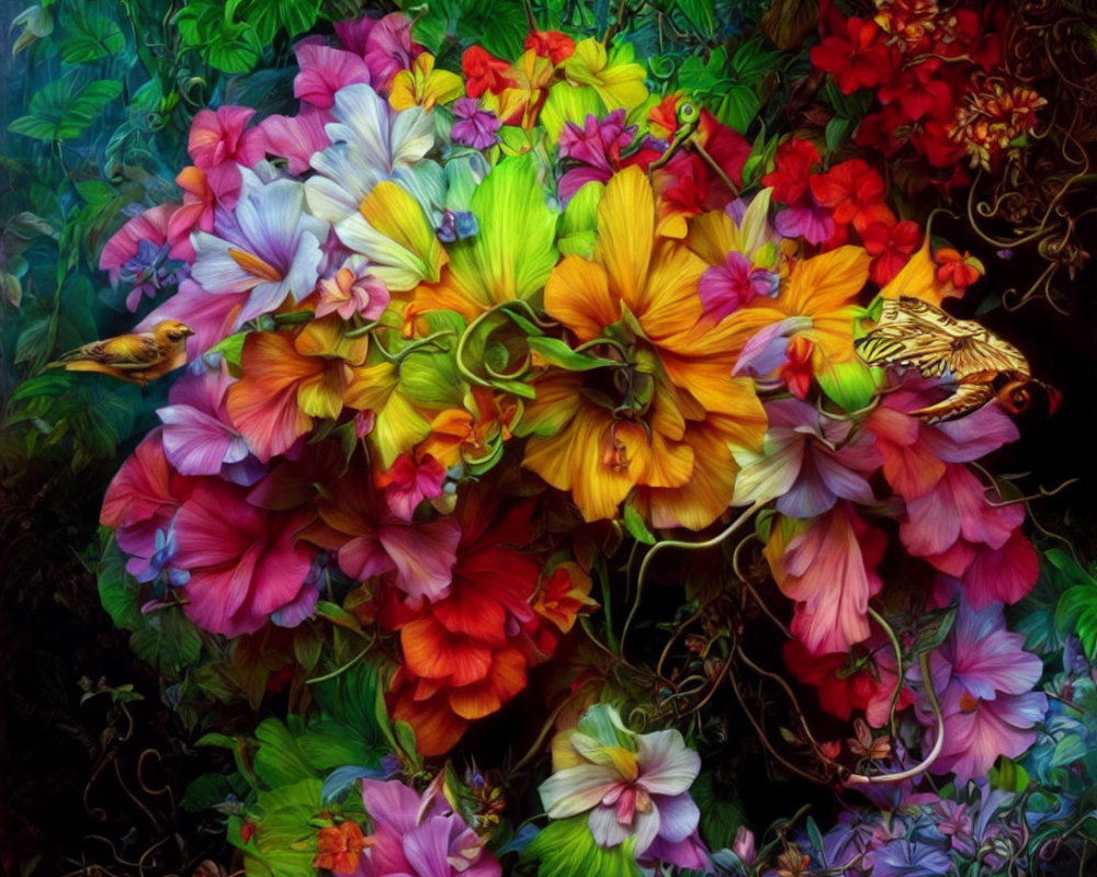 Colorful Flowers in Full Bloom with Butterfly and Bird Among Petals