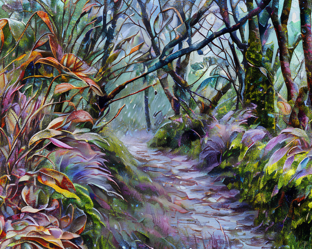 Colorful Forest Path Painting with Detailed Foliage & Trees