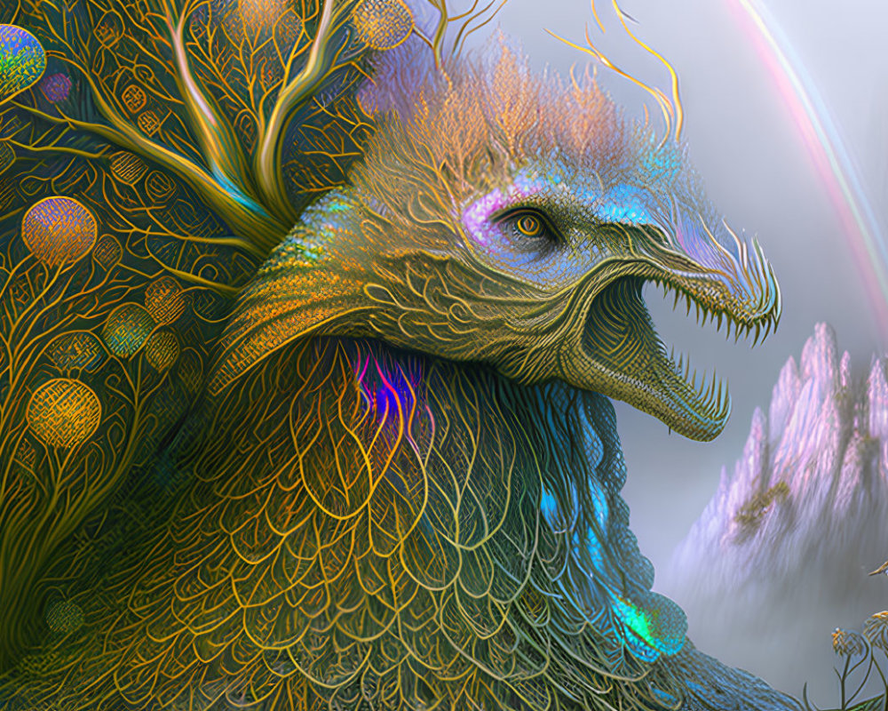 Colorful mythical bird digital art with iridescent feathers and floral rainbow backdrop