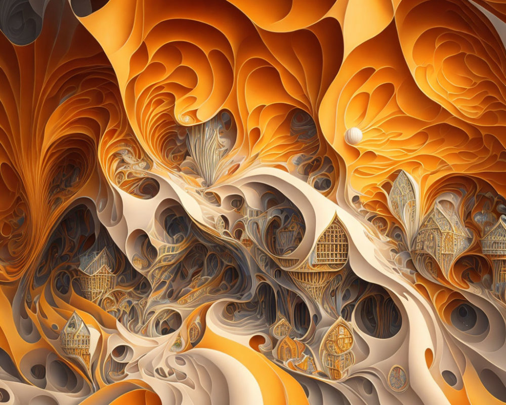 Intricate Orange and Brown Fractal Art with Miniature Building Elements