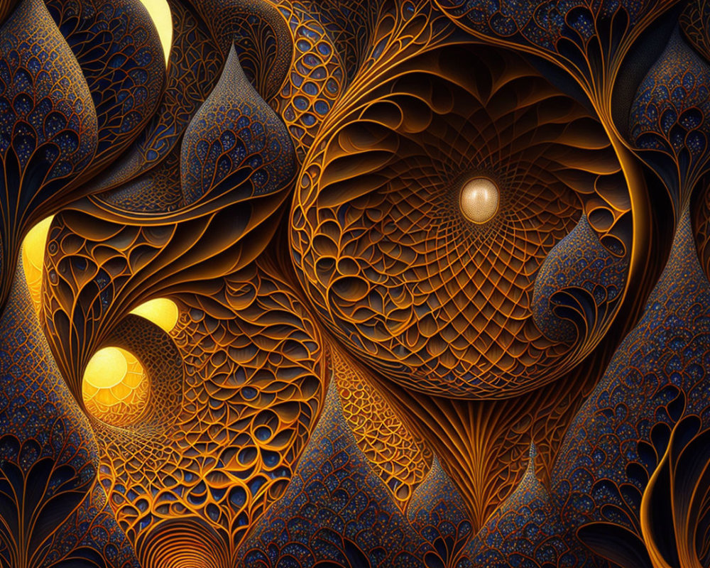 Abstract Digital Artwork: Intricate Swirling Patterns in Gold and Blue