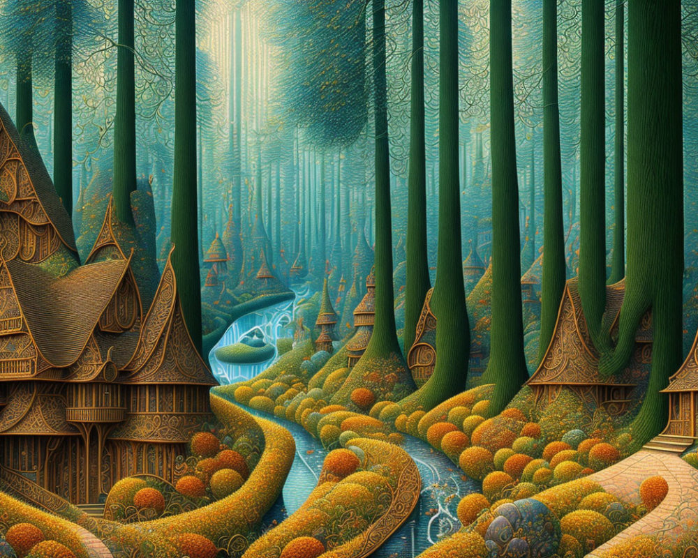 Fantasy forest with stylized trees, ornate structures, winding river, vibrant colors, and detailed