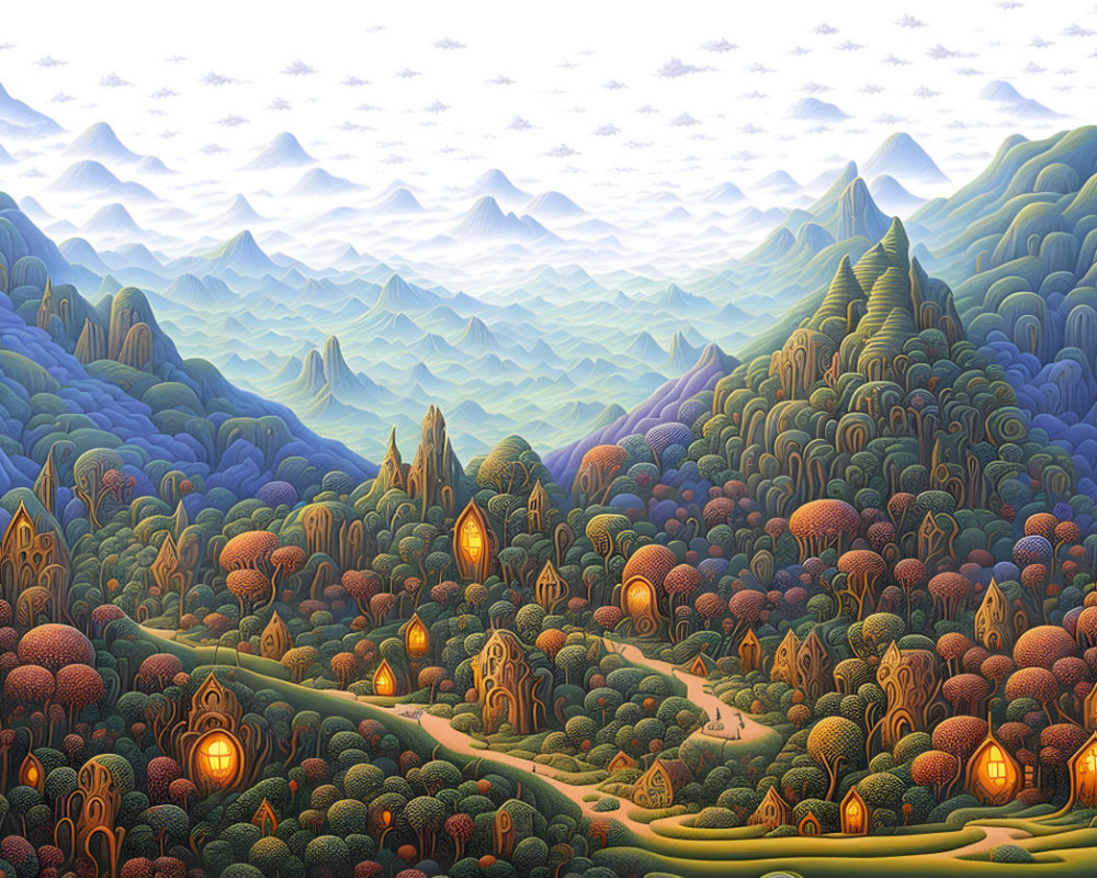 Fantastical landscape with hills, forests, mountains, and illuminated homes