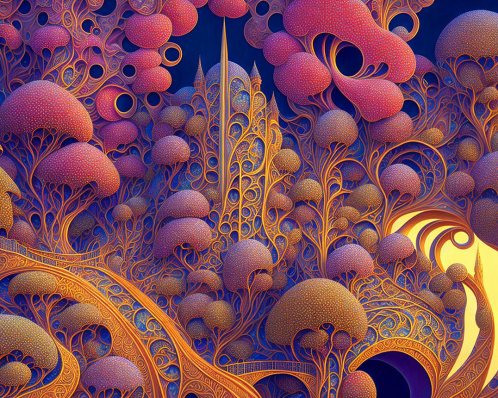 Colorful digital artwork with mushroom and coral-like patterns in blue and orange.