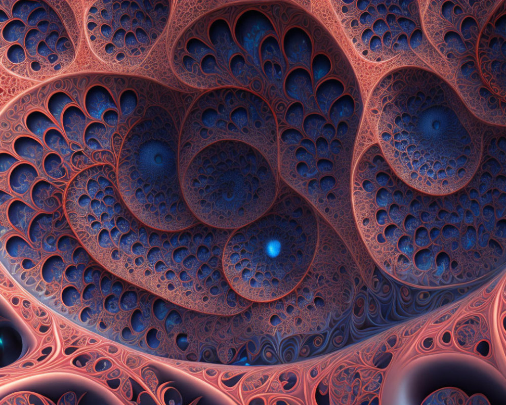 Detailed Fractal Pattern in Deep Blue and Coral Tones