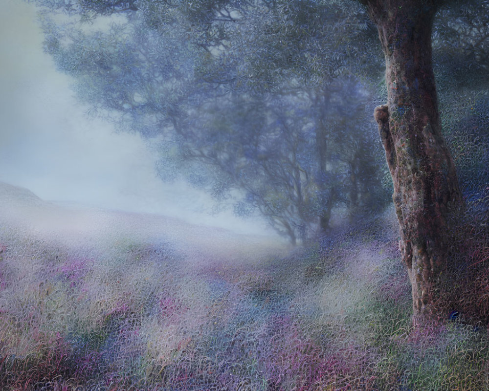 Mystical landscape with tree, colorful flowers, and misty atmosphere