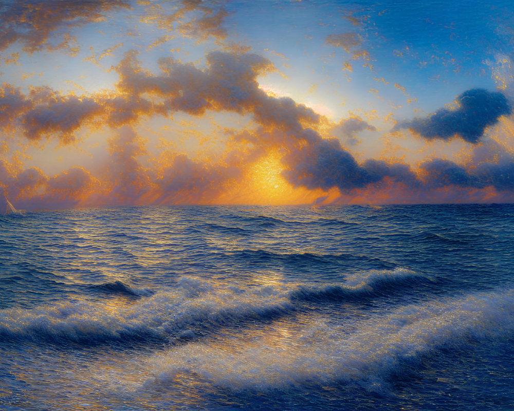 Dramatic ocean sunset with golden sunlight piercing through clouds