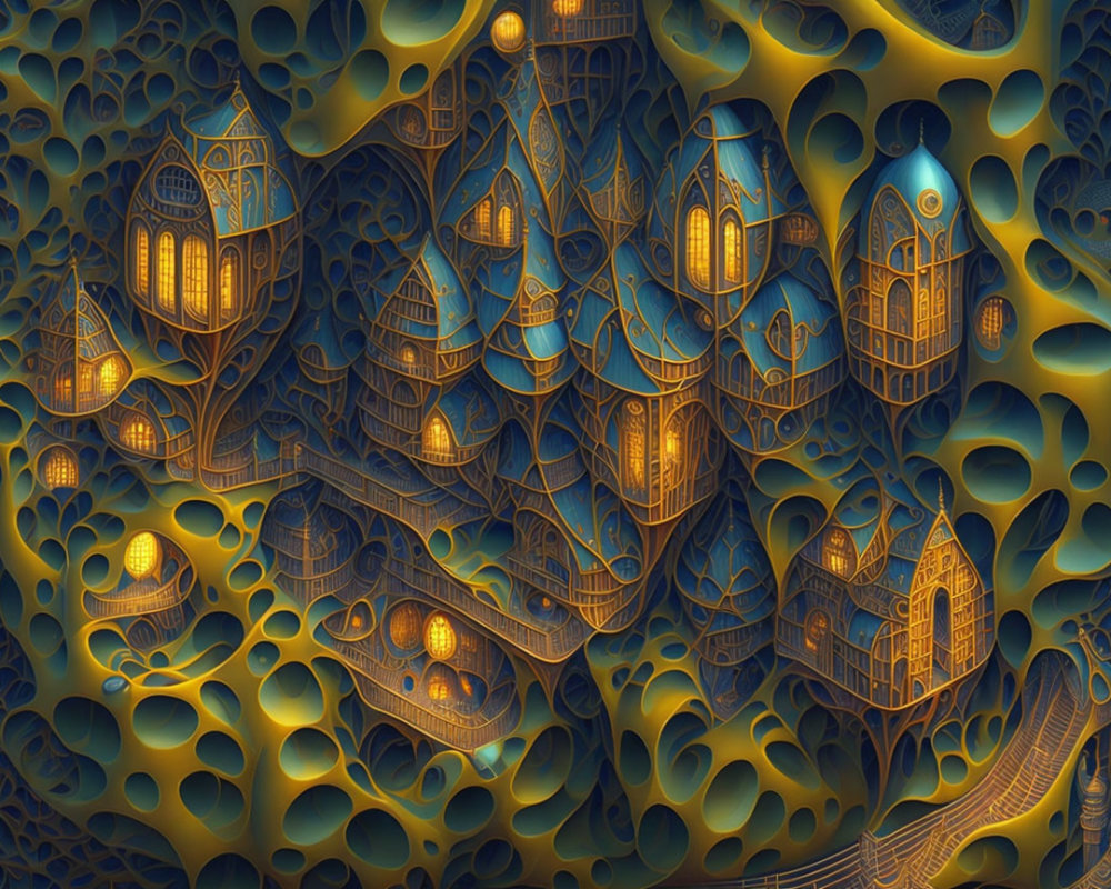 Whimsical digital art: Glowing houses, bridge, swirl motifs in blue and gold