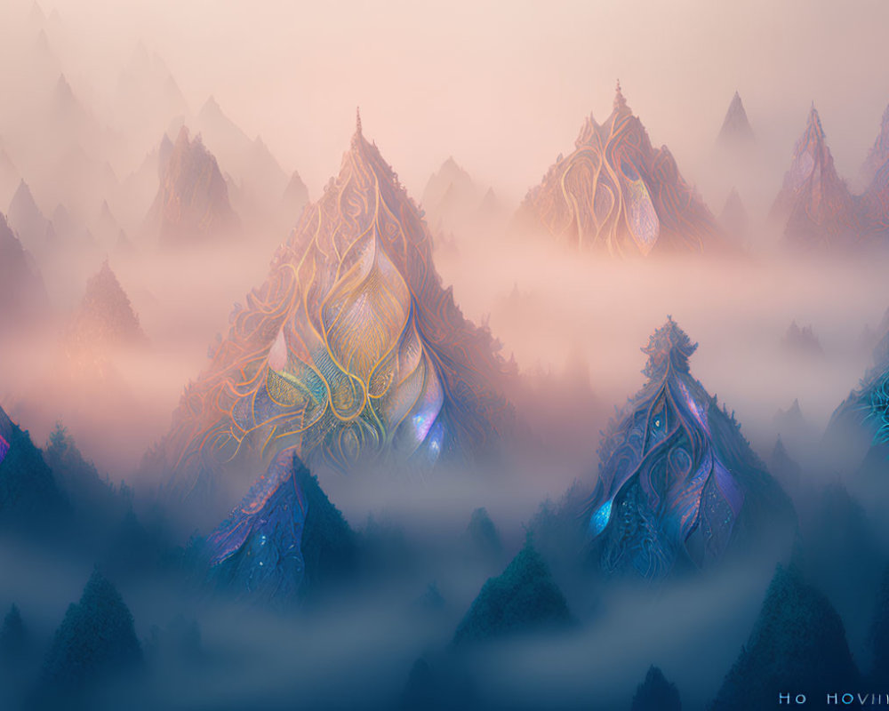 Surreal landscape with ornate, fractal-like mountains in pink, blue, and orange hues