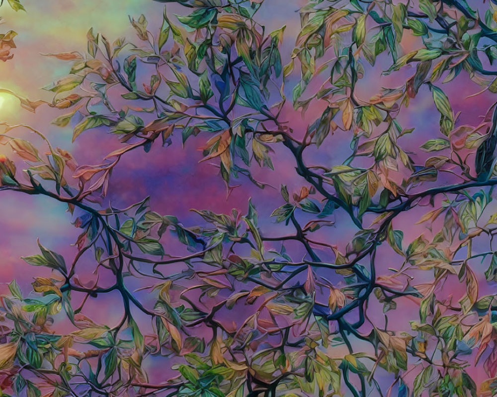 Colorful Tree Branches and Leaves Against Pastel Sky