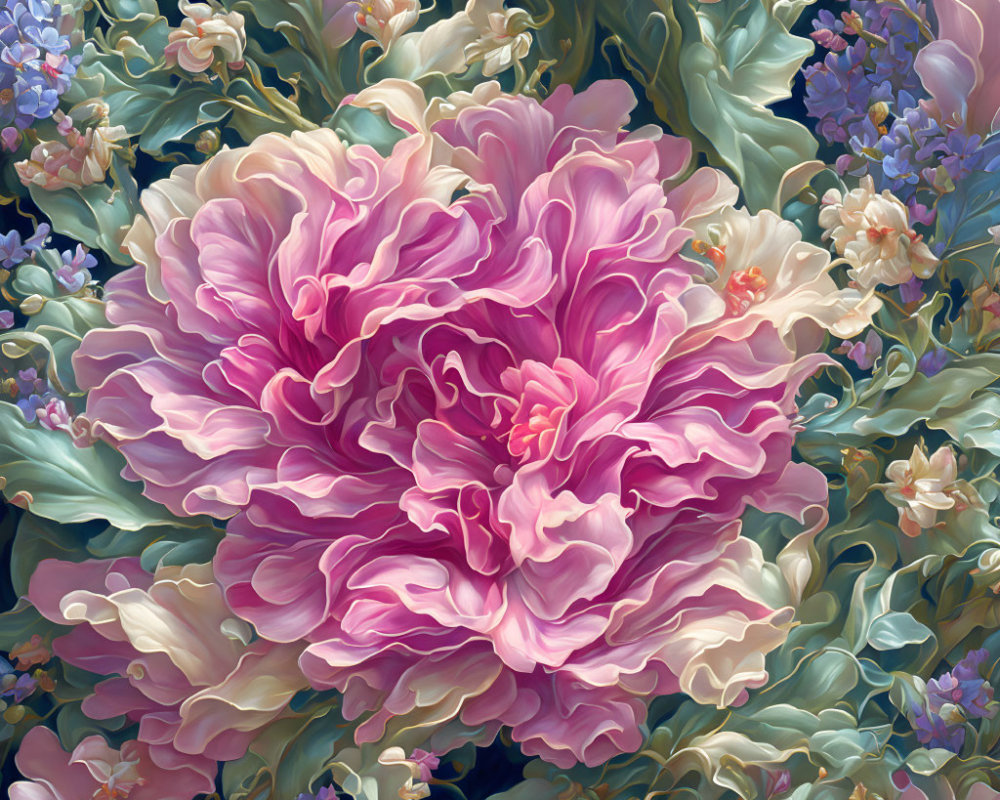 Colorful digital artwork featuring large pink peony and multicolored flowers on dark background