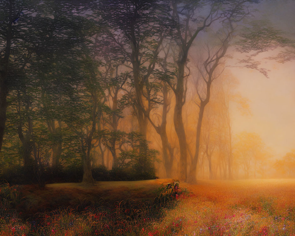 Misty forest with tall trees and wildflowers