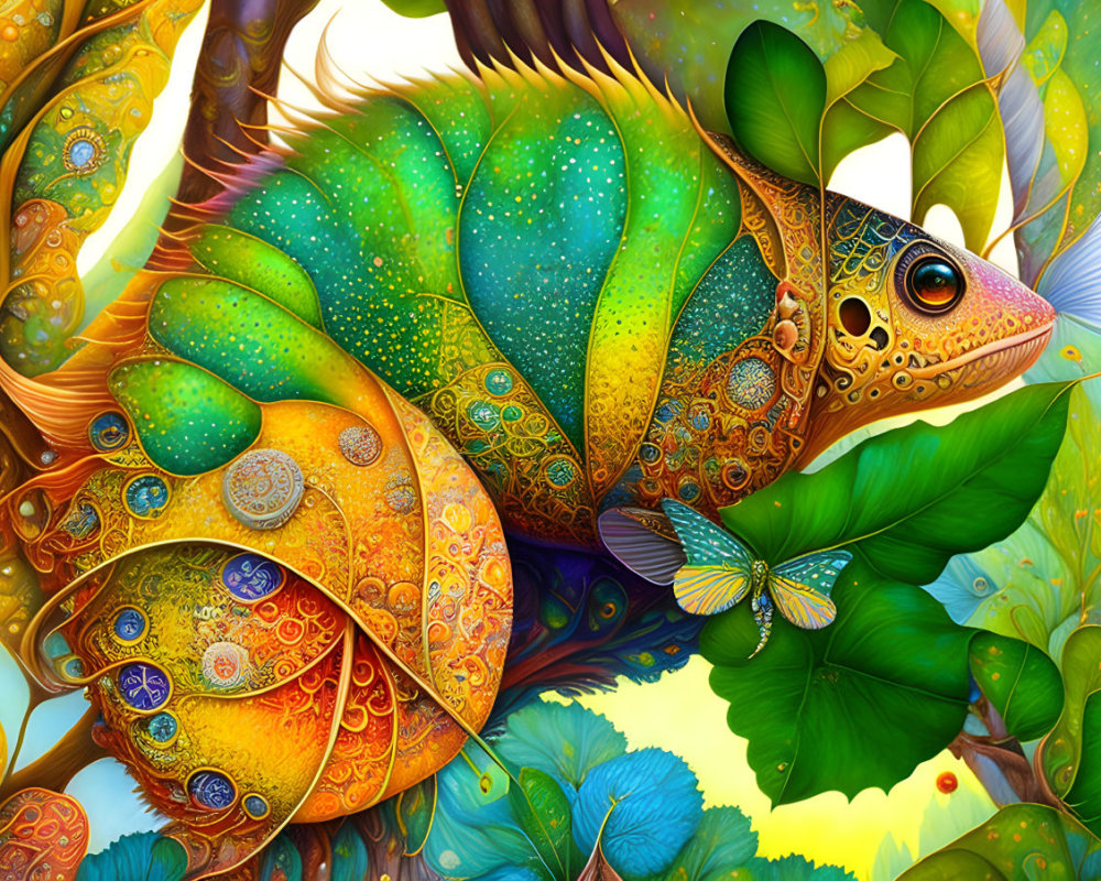 Colorful Fish with Intricate Scales in Forest Scene with Butterfly