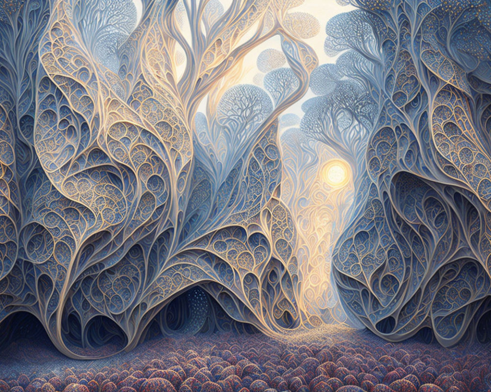 Intricate Swirling Tree Patterns in Radiant Fantasy Forest