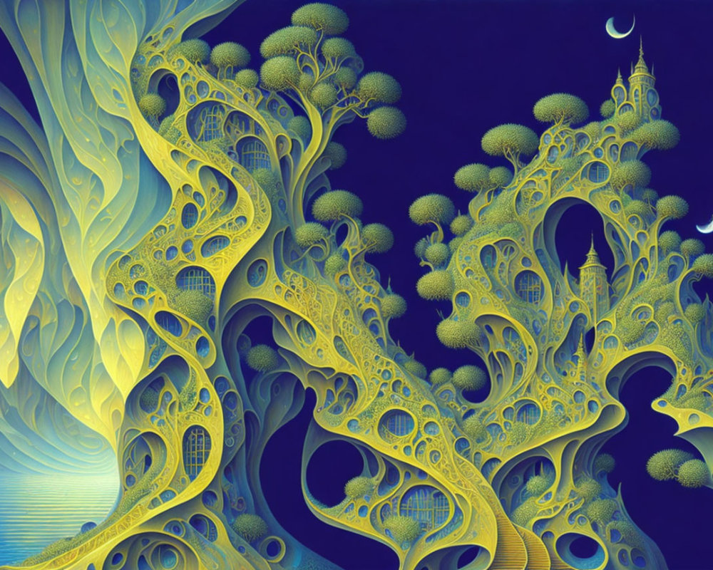 Fractal landscape with tree-like structures and crescent moon in vivid blue and yellow.